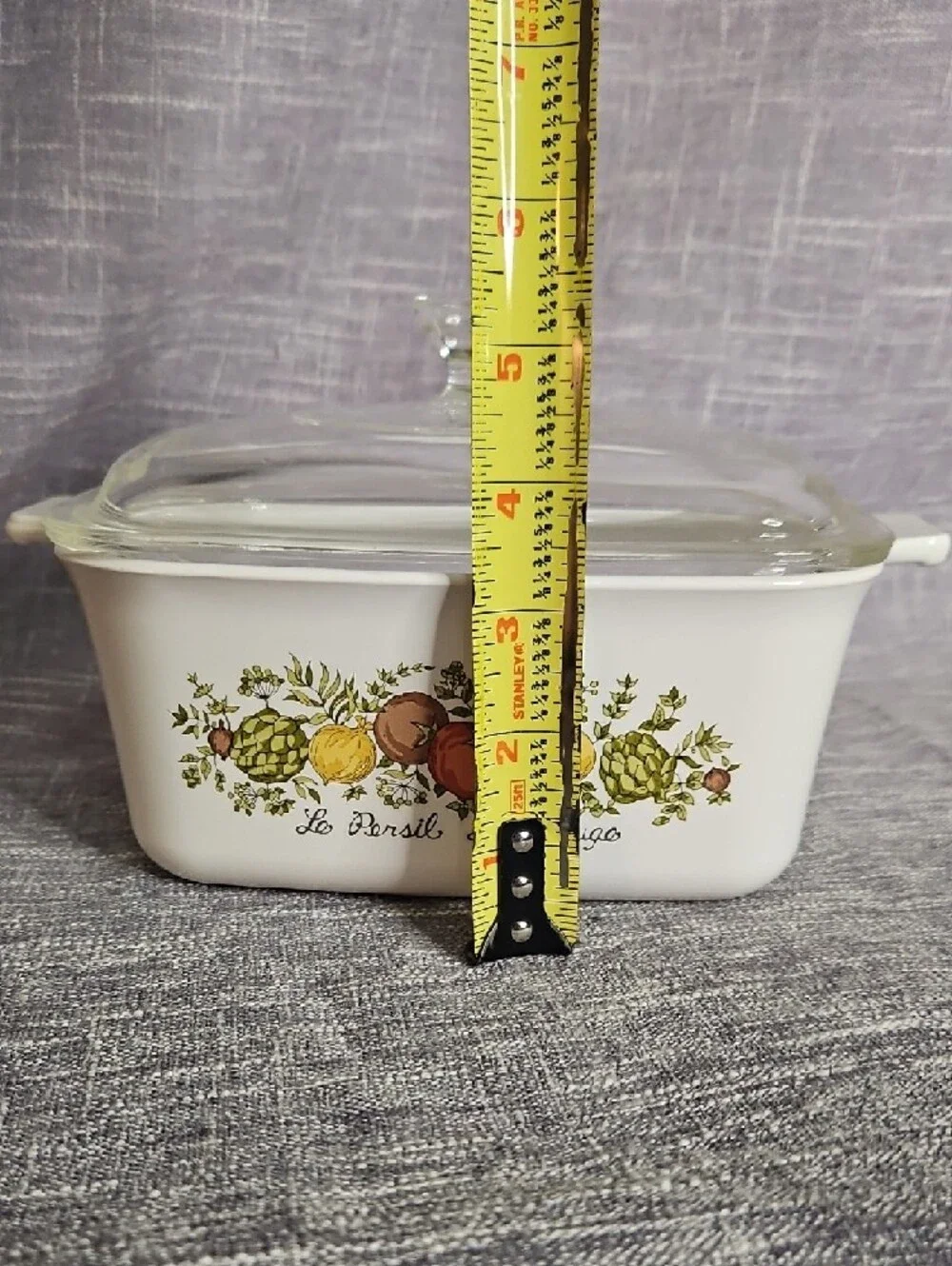 Corningware White Casserole with Garden Vegetable Motif and Glass Lid